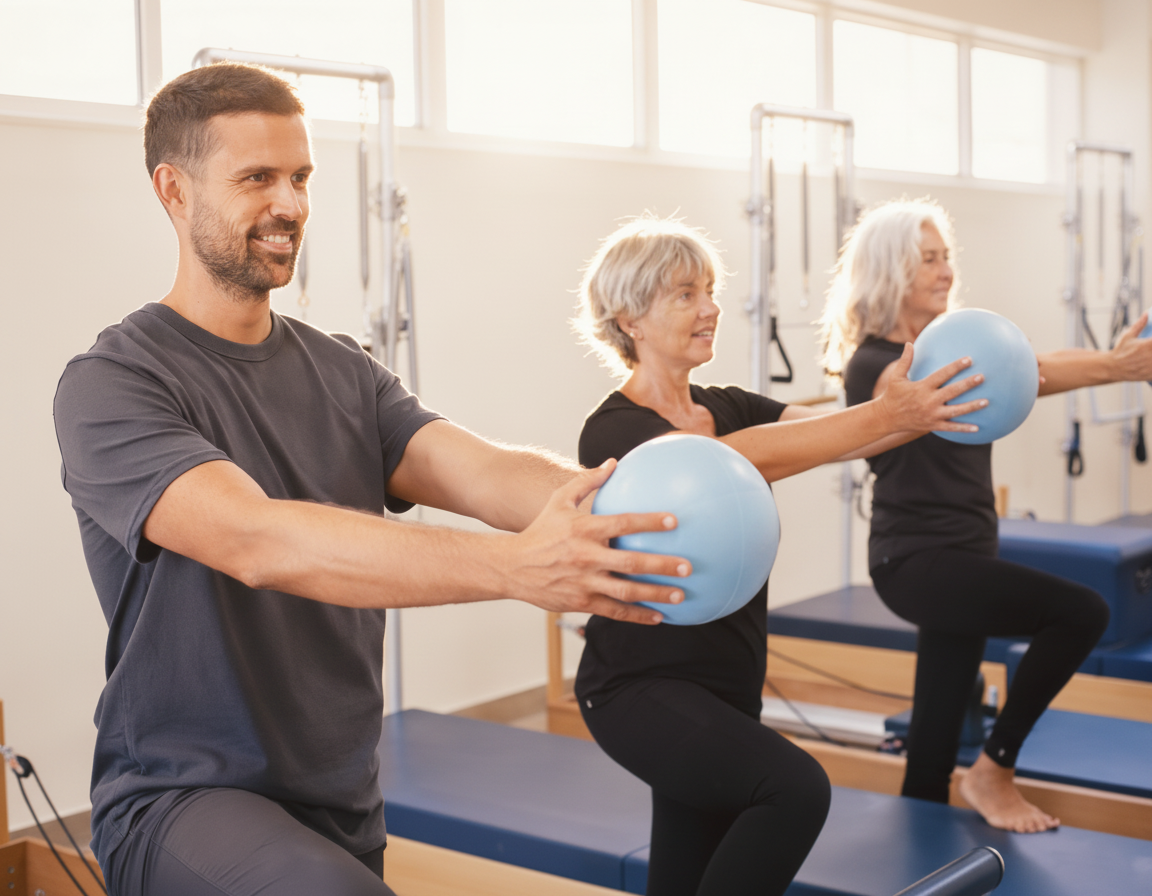 Grupo de personas mayores participando en actividad terapéutica en residencia Un cuidador de residencia dirige actividades para mayores, incluyendo ejercicios de movilidad suave.