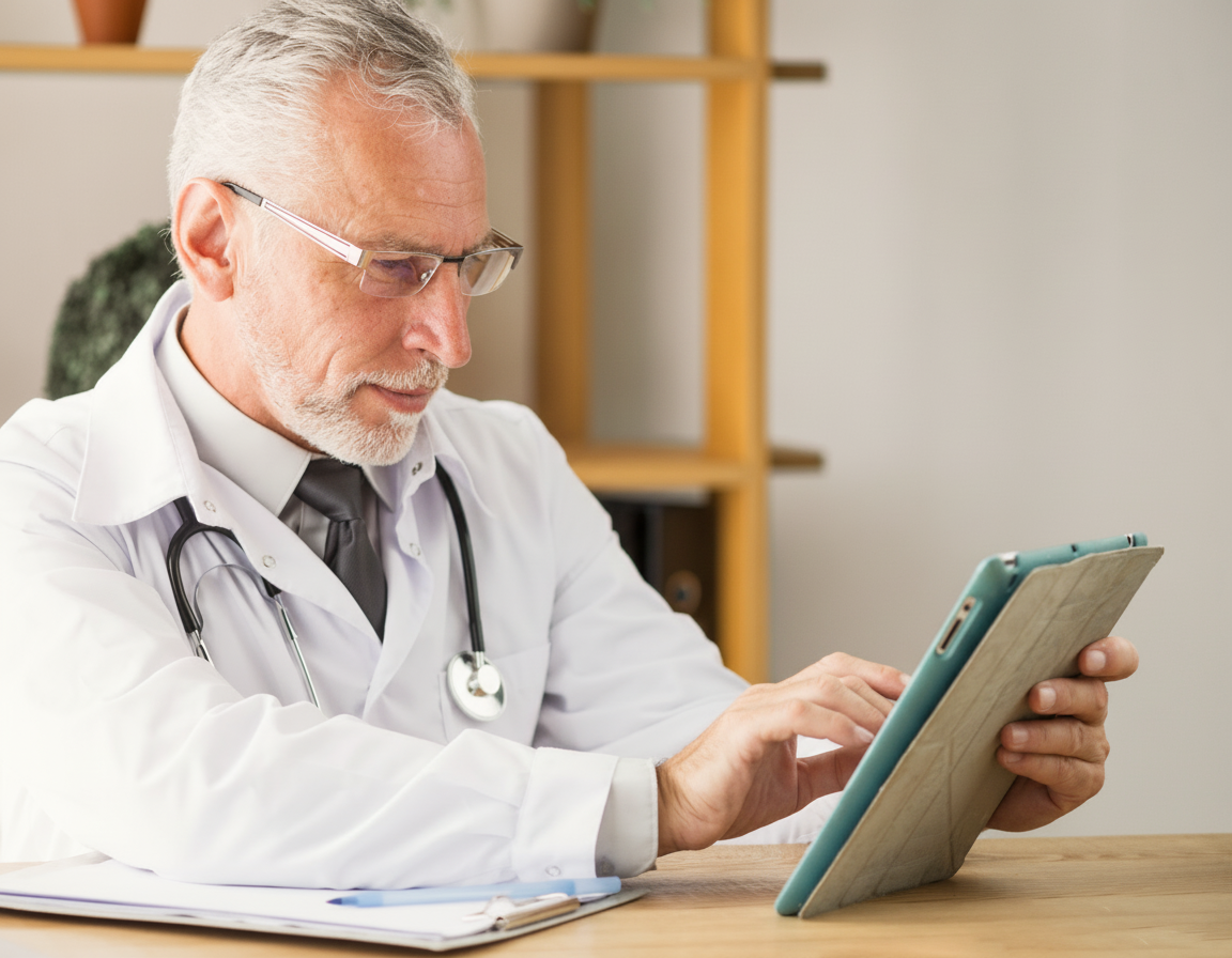 Grupo de personas mayores participando en actividad terapéutica en residencia Personal de residencia utiliza un software de gestión en tablet.
