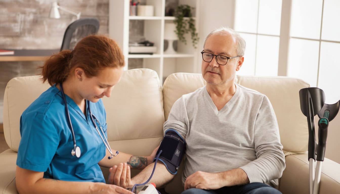 Una enfermera con uniforme azul toma la tensión arterial a un hombre mayor sentado en un sofá en una residencia.