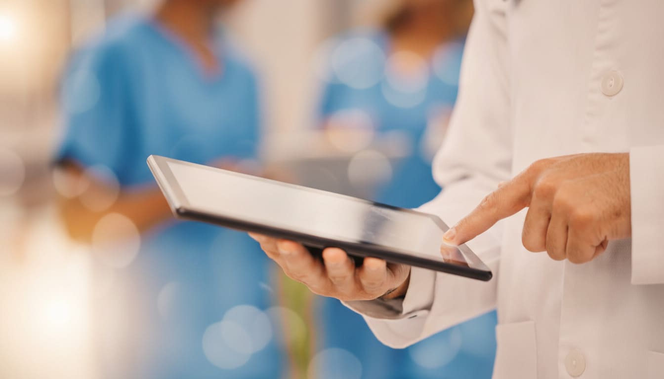 Profesional sanitario usando una tablet para revisar datos como parte de las funciones del personal en residencias de mayores.