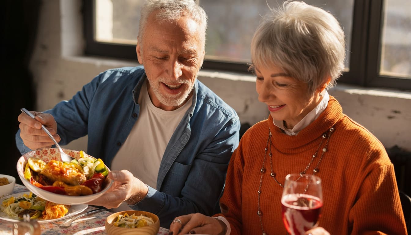 Pareja de personas mayores comiendo en el comedor de una residencia siguiendo los servicios regulados por la normativa para residencias de mayores.