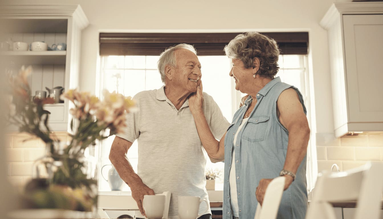 Pareja mayor sonriente en el salón de su apartamento en una residencia de mayores.