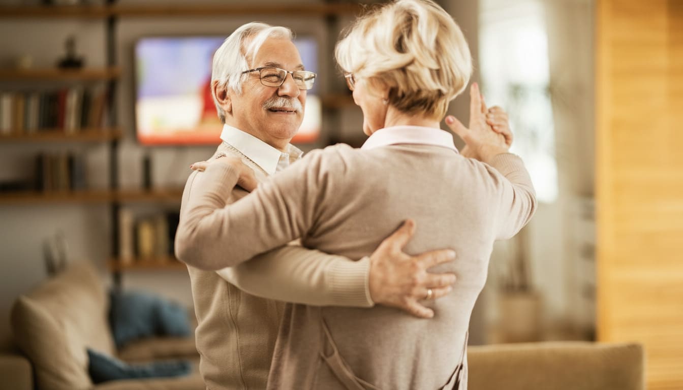 Pareja de personas mayores bailando durante una actividad recreativa en una residencia.