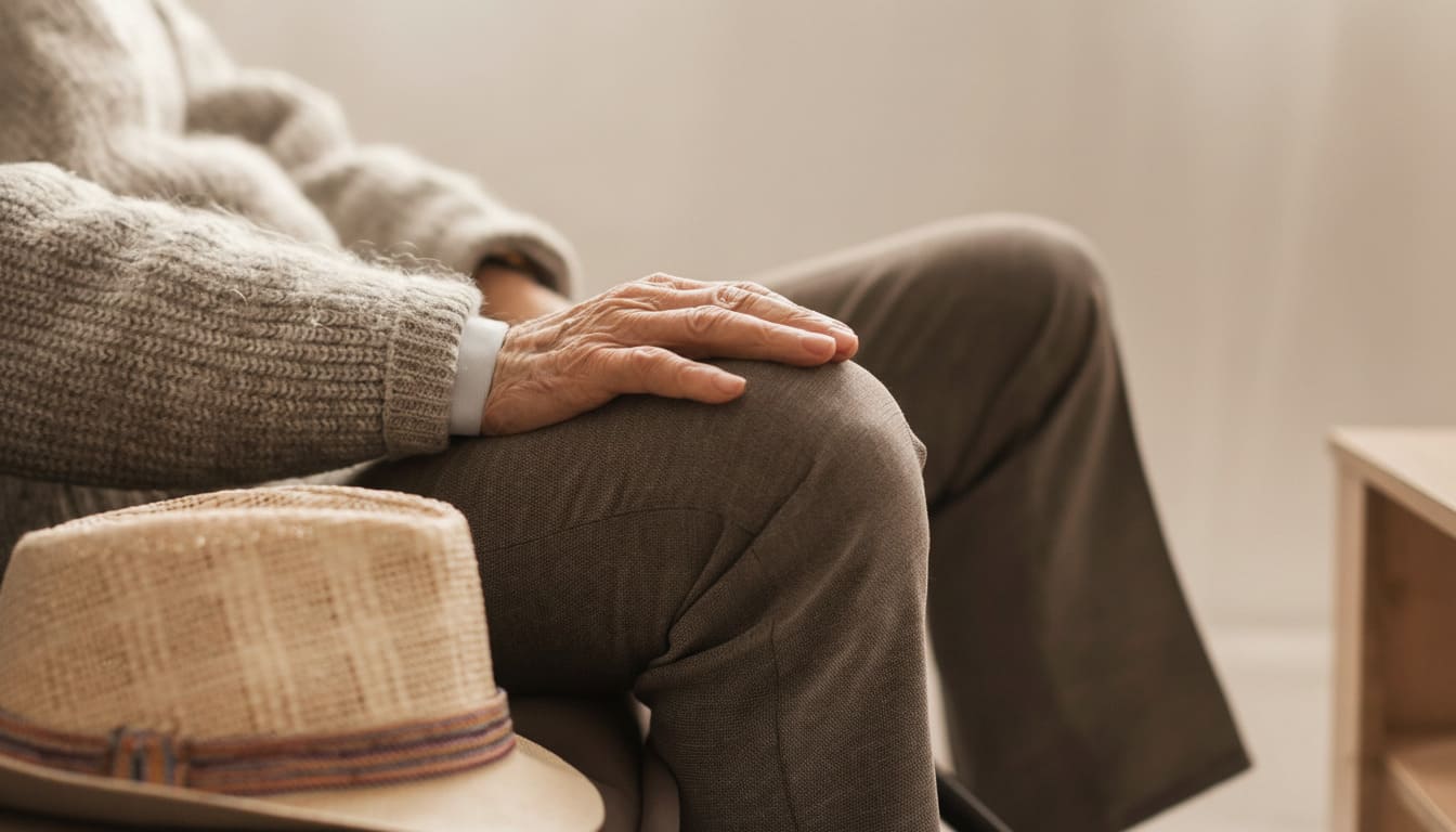 Persona mayor sentada con la mano sobre la rodilla y un sombrero en el regazo en una residencia de ancianos.